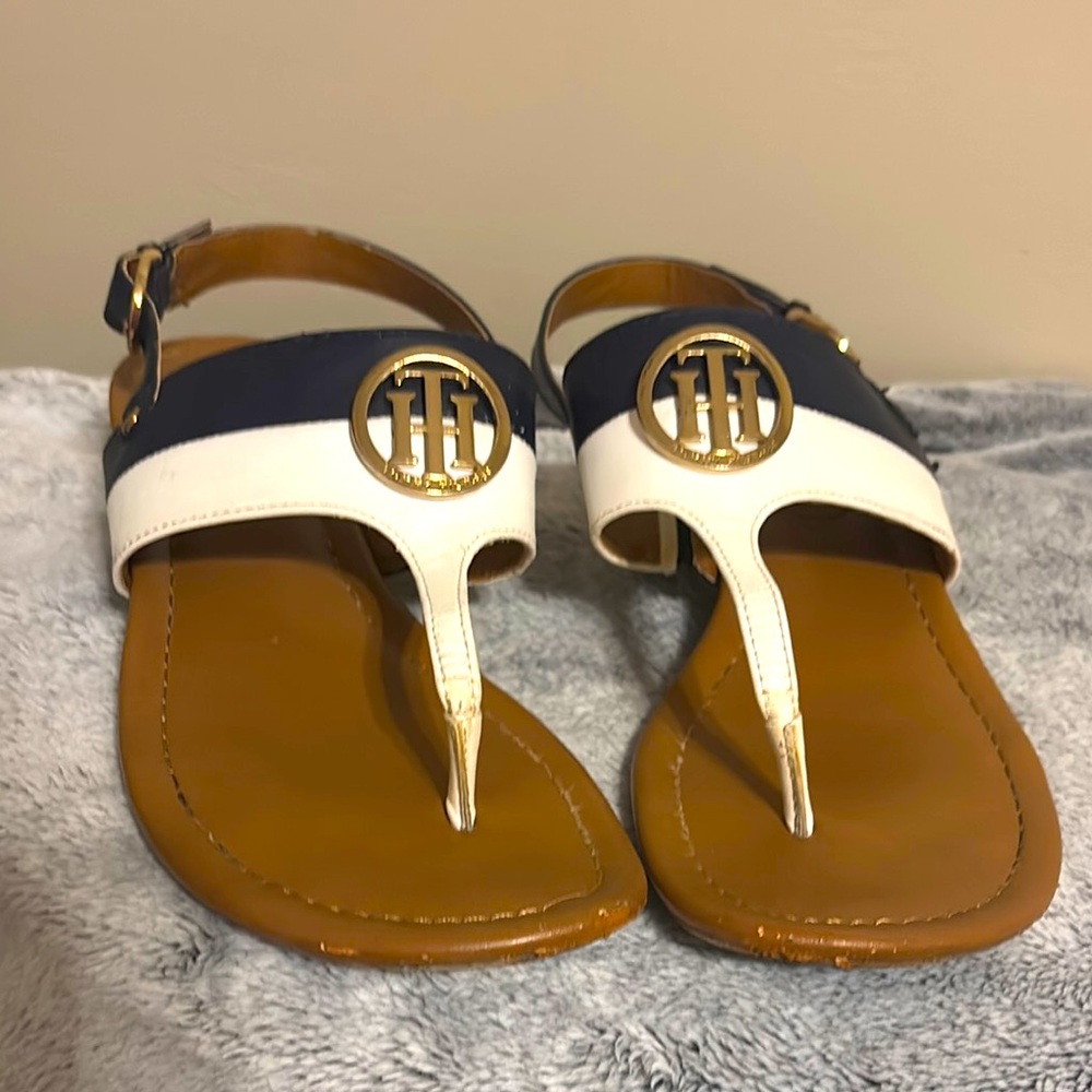 Tommy Hilfiger Blue and White T-Strap Sandals